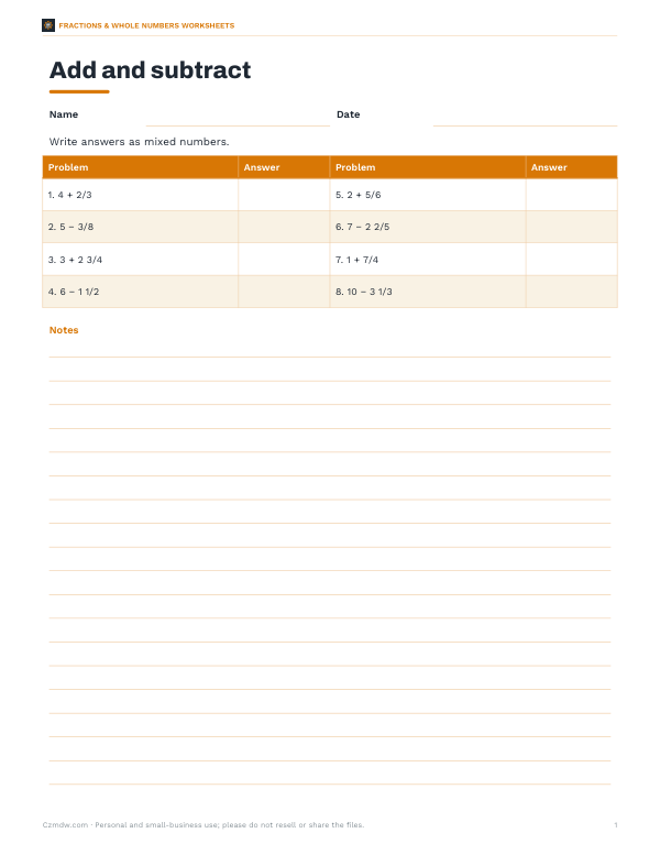 Preview of Add and Subtract Fractions with Whole Numbers