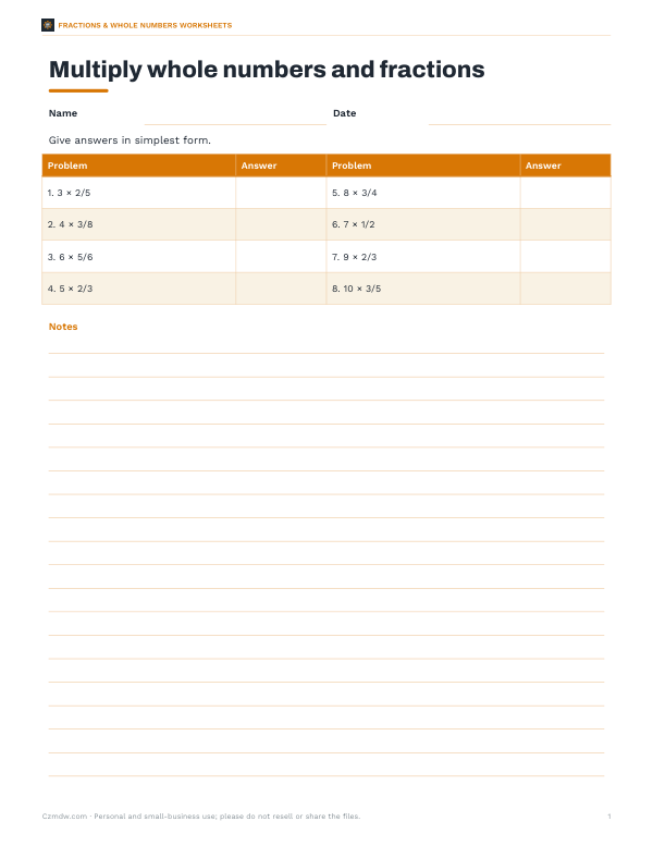 Preview of Printable Multiplication Fractions Worksheet